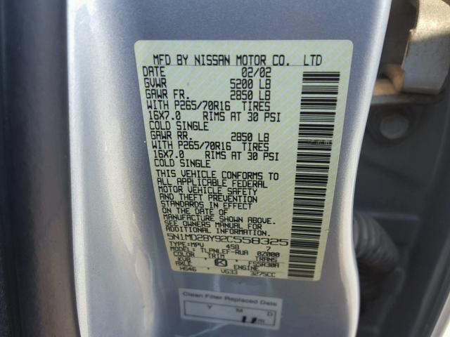 5N1MD28Y92C558325 - 2002 NISSAN XTERRA SE SILVER photo 10