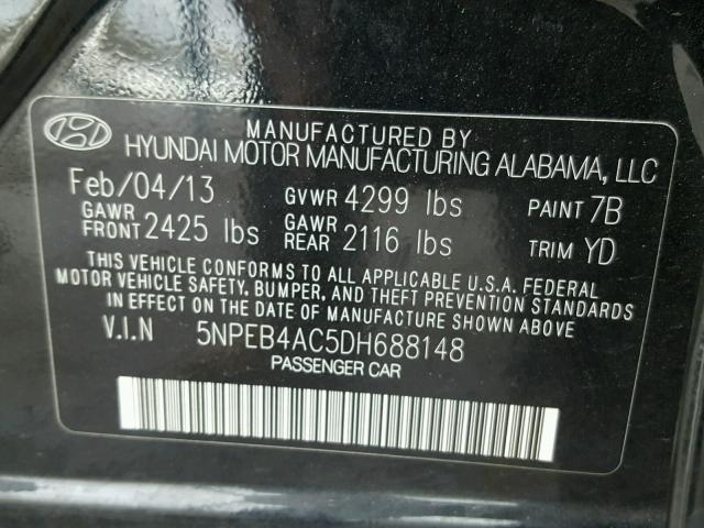 5NPEB4AC5DH688148 - 2013 HYUNDAI SONATA GLS BLACK photo 10