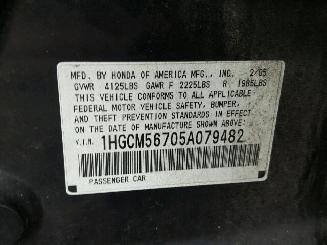 1HGCM56705A079482 - 2005 HONDA ACCORD EX BLACK photo 10