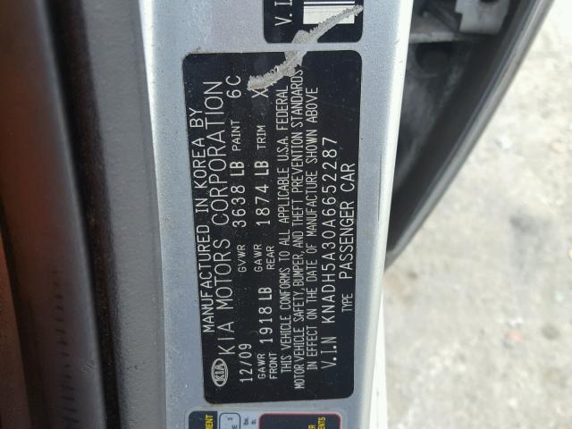 KNADH5A30A6652287 - 2010 KIA RIO LX Արծաթագույն լուսանկար 10