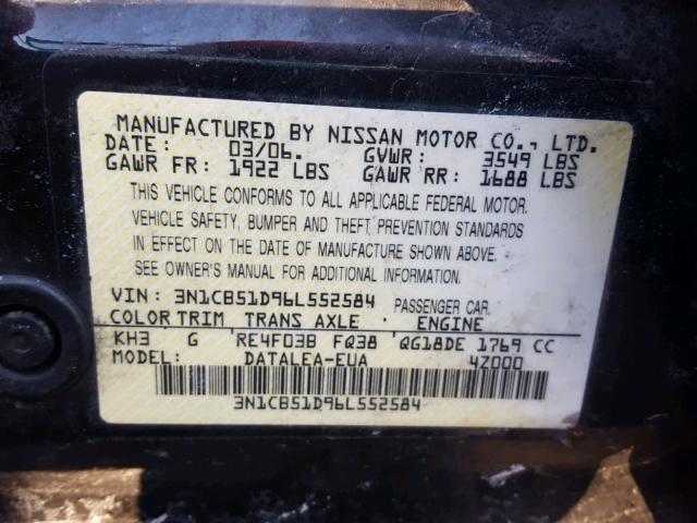 3N1CB51D96L552584 - 2006 NISSAN SENTRA 1.8 BLACK photo 10