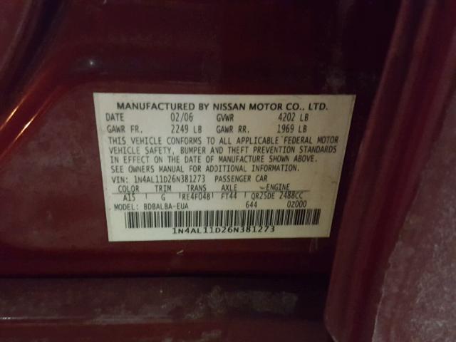 1N4AL11D26N381273 - 2006 NISSAN ALTIMA S BURGUNDY photo 10