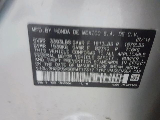 3HGGK5H50FM717317 - 2015 HONDA FIT LX Gri fotoğraf 10