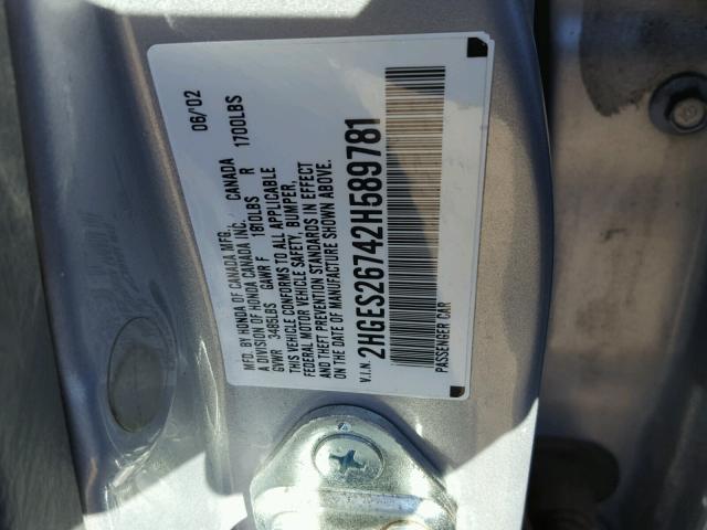 2HGES26742H589781 - 2002 HONDA CIVIC EX SILVER photo 10