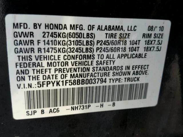 5FPYK1F58BB003794 - 2011 HONDA RIDGELINE BLACK photo 10