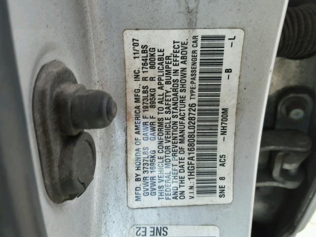 1HGFA16808L028726 - 2008 HONDA CIVIC EX ვერცხლისფერი ფოტო 10