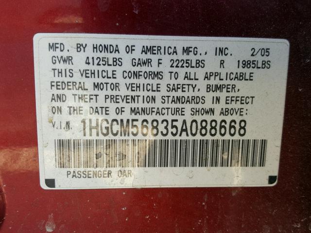 1HGCM56835A088668 - 2005 HONDA ACCORD EX RED photo 10