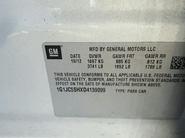 1G1JC5SHXD4139099 - 2013 CHEVROLET SONIC LT GRAY photo 10