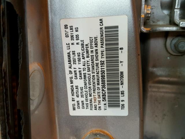 5KBCP36889B501192 - 2009 HONDA ACCORD EXL SILVER photo 10