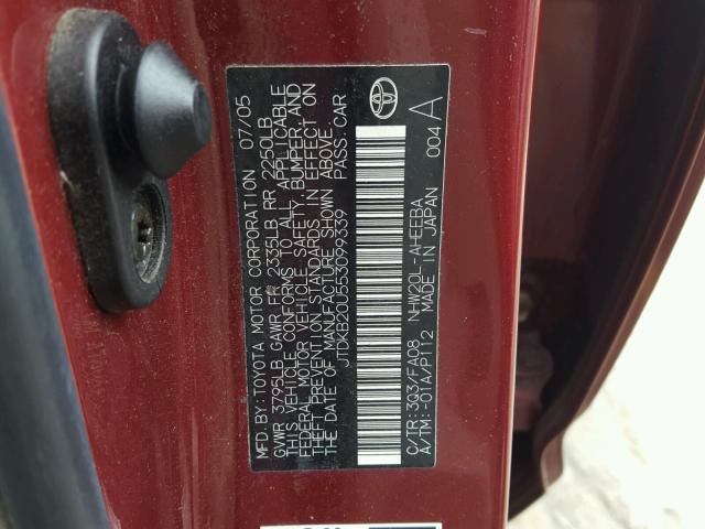 JTDKB20U553099339 - 2005 TOYOTA PRIUS RED photo 10