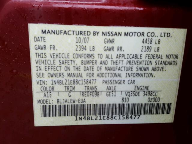 1N4BL21E88C158477 - 2008 NISSAN ALTIMA 3.5 RED photo 10