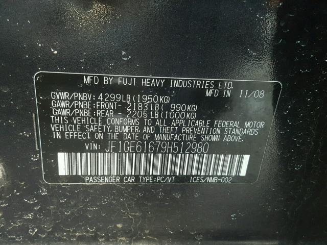 JF1GE61679H512980 - 2009 SUBARU IMPREZA 2. GRAY photo 10