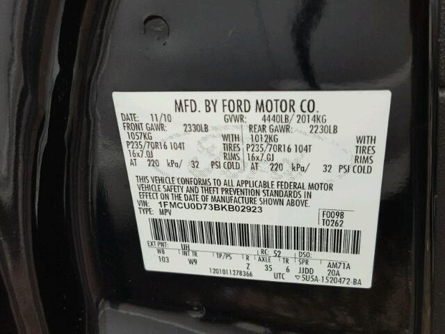 1FMCU0D73BKB02923 - 2011 FORD ESCAPE XLT BLACK photo 10