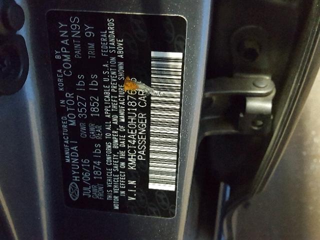 KMHCT4AE0HU187696 - 2017 HYUNDAI ACCENT SE GRAY photo 10