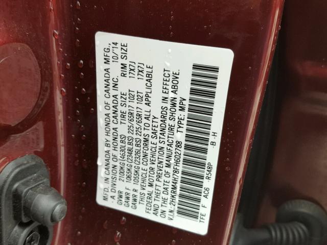 2HKRM4H78FH602788 - 2015 HONDA CR-V EXL MAROON photo 10