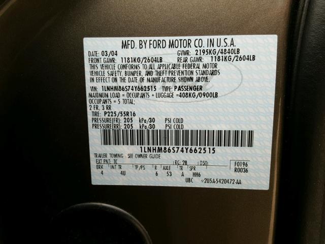 1LNHM86S74Y662515 - 2004 LINCOLN LS 棕色 照片 10