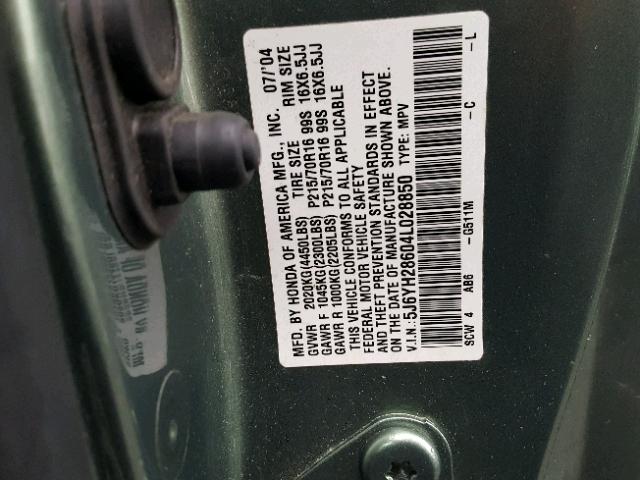 5J6YH28604L028850 - 2004 HONDA ELEMENT EX GREEN photo 10