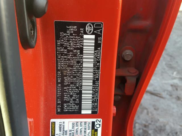 2T1KR32E25C474828 - 2005 TOYOTA COROLLA MA RED photo 10