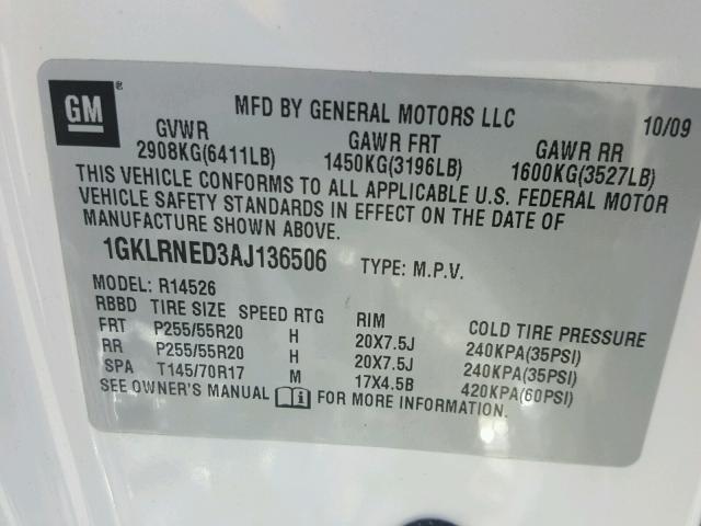 1GKLRNED3AJ136506 - 2010 GMC ACADIA SLT თეთრი ფოტო 10