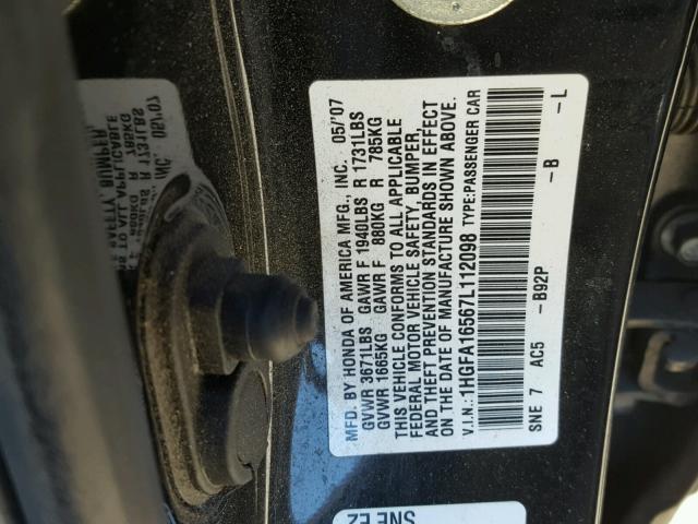 1HGFA16567L112098 - 2007 HONDA CIVIC LX BLACK photo 10