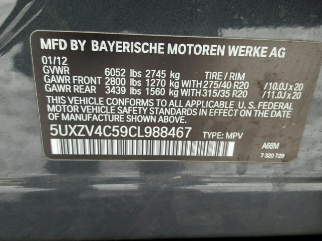 5UXZV4C59CL988467 - 2012 BMW X5 XDRIVE3 BLUE photo 10