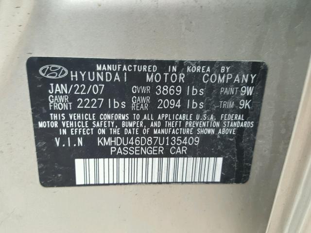 KMHDU46D87U135409 - 2007 HYUNDAI ELANTRA GL GOLD photo 10