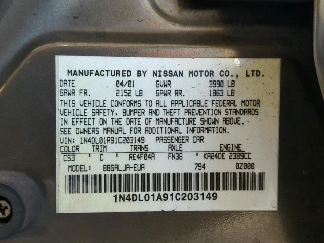 1N4DL01A91C203149 - 2001 NISSAN ALTIMA GXE TAN photo 10