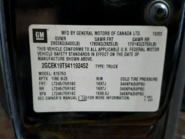 2GCEK19T941192452 - 2004 CHEVROLET SILVERADO BLACK photo 10