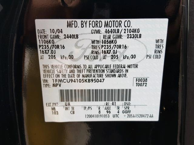 1FMCU94105KB95047 - 2005 FORD ESCAPE LIM BLACK photo 10