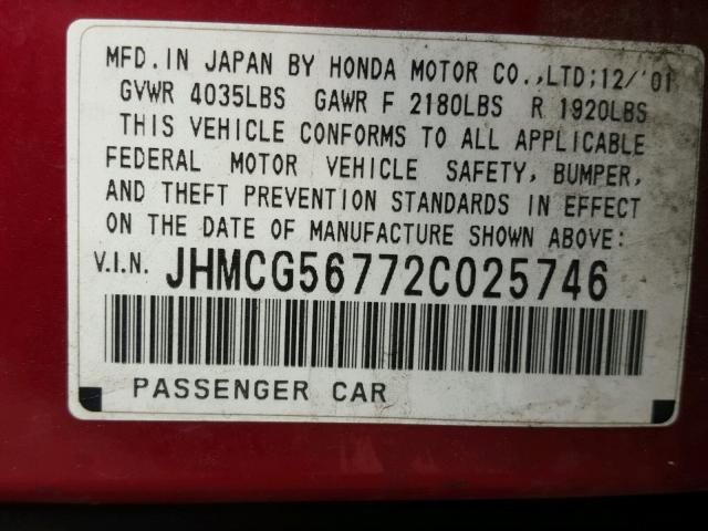 JHMCG56772C025746 - 2002 HONDA ACCORD SE RED photo 10