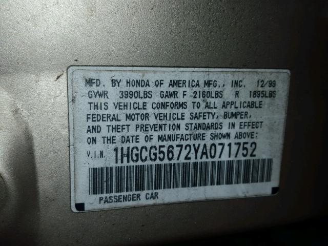 1HGCG5672YA071752 - 2000 HONDA ACCORD SE GOLD photo 10