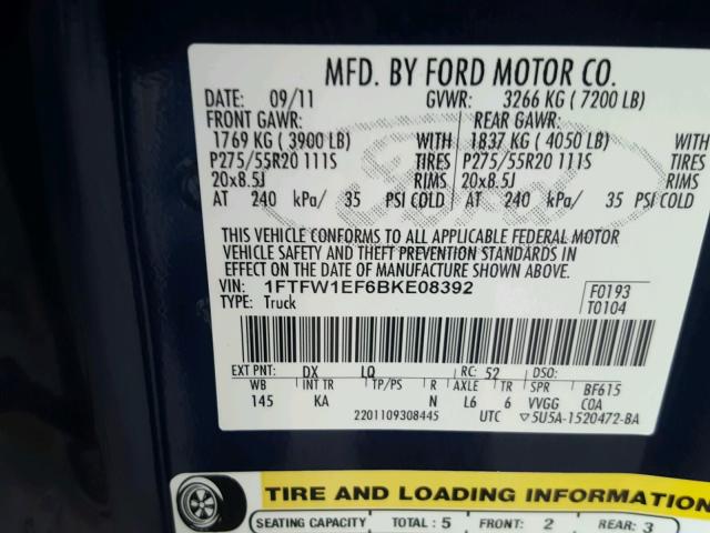 1FTFW1EF6BKE08392 - 2011 FORD F150 SUPER BLUE photo 10