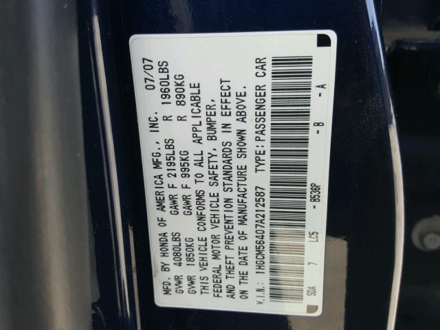 1HGCM56407A212587 - 2007 HONDA ACCORD LX BLUE photo 10