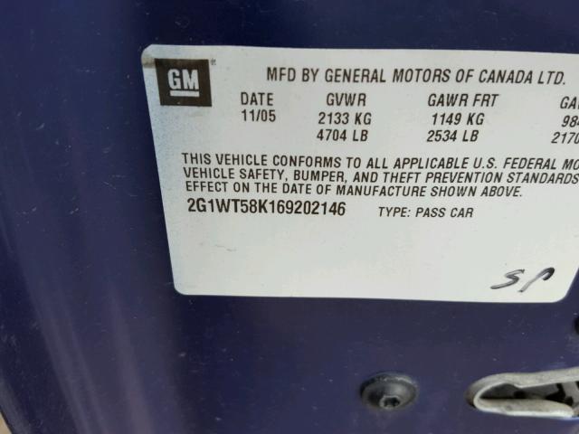 2G1WT58K169202146 - 2006 CHEVROLET IMPALA LT BLUE photo 10