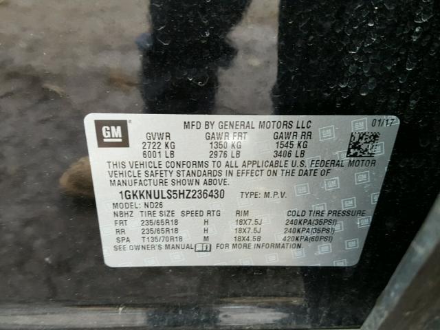 1GKKNULS5HZ236430 - 2017 GMC ACADIA SLT შავი ფოტო 10