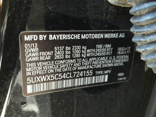 5UXWX5C54CL724155 - 2012 BMW X3 XDRIVE2 BLACK photo 10