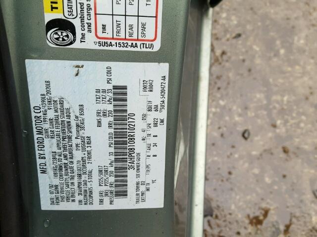 3FAHP08108R102170 - 2008 FORD FUSION SEL GREEN photo 10