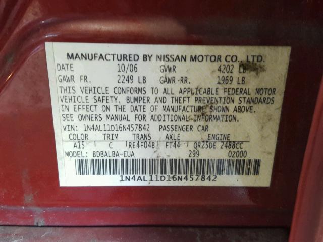 1N4AL11D16N457842 - 2006 NISSAN ALTIMA S RED photo 10