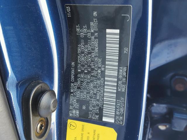 JTEEP21A340016909 - 2004 TOYOTA HIGHLANDER BLUE photo 10