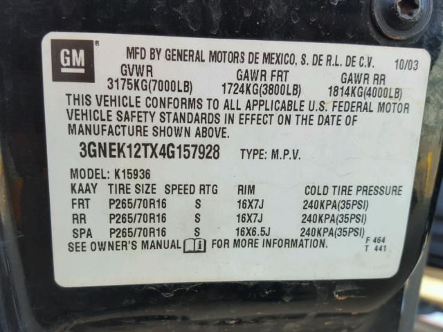 3GNEK12TX4G157928 - 2004 CHEVROLET AVALANCHE BLACK photo 10