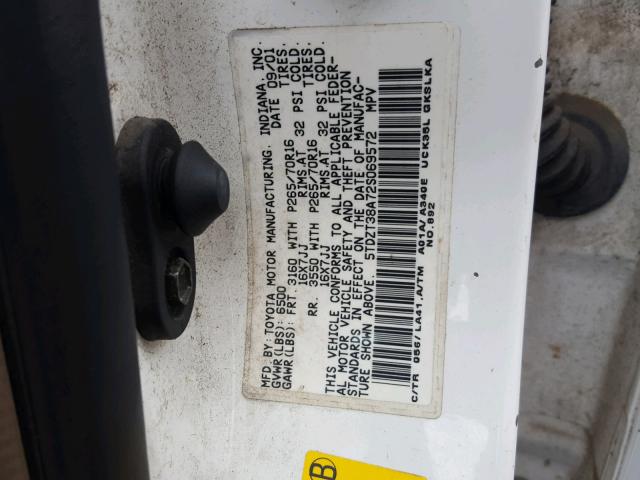 5TDZT38A72S069572 - 2002 TOYOTA SEQUOIA LI WHITE photo 10