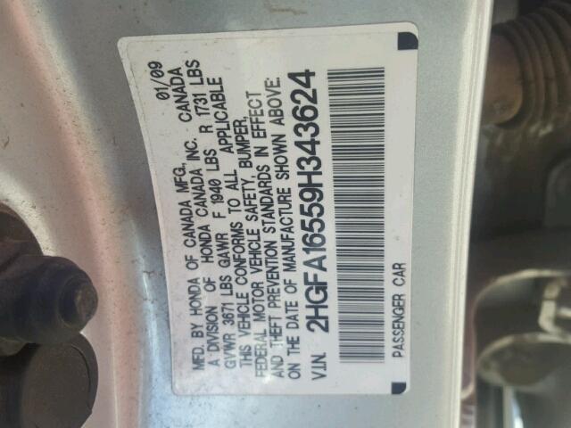 2HGFA16559H343624 - 2009 HONDA CIVIC LX SILVER photo 10