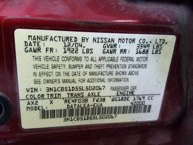 3N1CB51D55L502067 - 2005 NISSAN SENTRA 1.8 RED photo 10