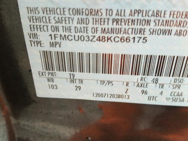 1FMCU03Z48KC66175 - 2008 FORD ESCAPE XLT GRAY photo 10