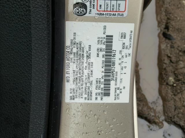 3FAHP07Z48R119612 - 2008 FORD FUSION SE TAN photo 10