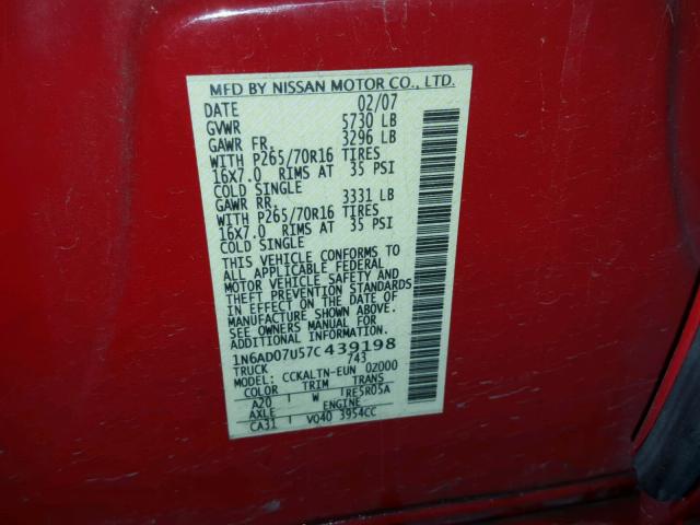 1N6AD07U57C439198 - 2007 NISSAN FRONTIER C RED photo 10