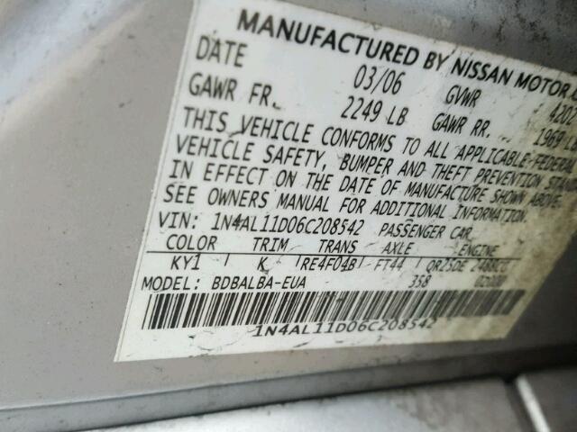 1N4AL11D06C208542 - 2006 NISSAN ALTIMA S SILVER photo 10