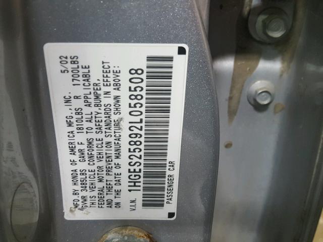 1HGES25892L058508 - 2002 HONDA CIVIC EX ვერცხლისფერი ფოტო 10