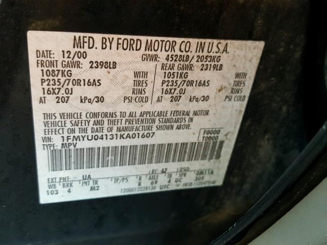 1FMYU04131KA01607 - 2001 FORD ESCAPE XLT BLACK photo 10