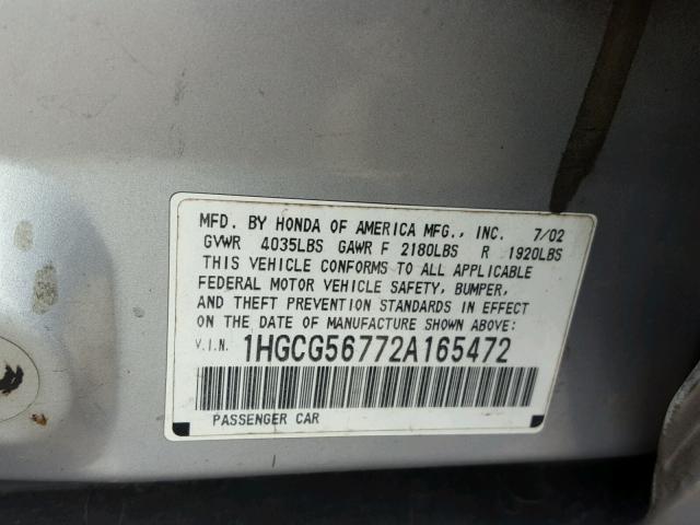 1HGCG56772A165472 - 2002 HONDA ACCORD SE SILVER photo 10